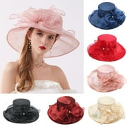 Cheers.US Foldable Organza Church Fascinator Kentcky Derby Hats for Women Flower Wedding Tea Party Hat Wide Brim Sun Hat
